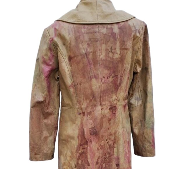 Vintage leather long trench jacket Coat gray beige tan brown 6 8 10 medium camo - Picture 1 of 13